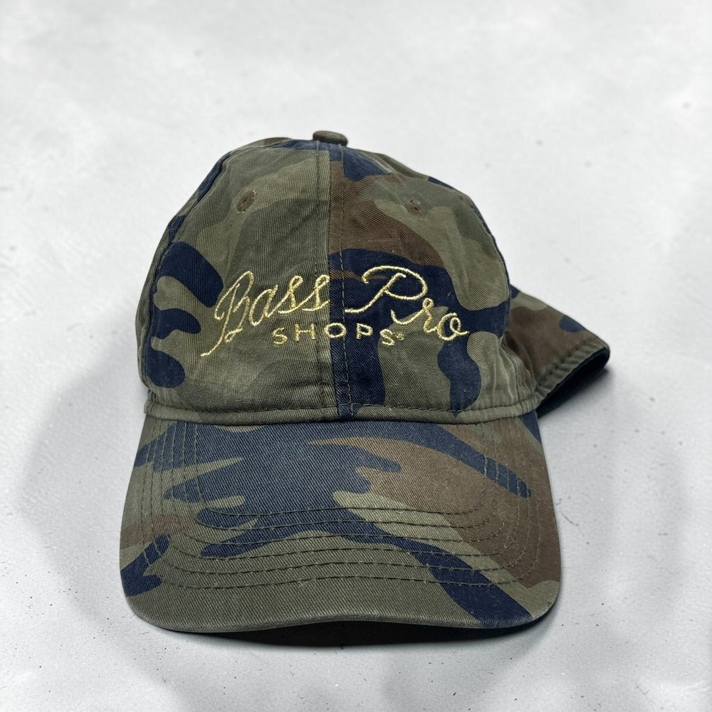 Vintage Baseball Cap Bass Pro Shops Camo Cotton Twill Script Logo Hat